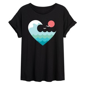 Women's - Instant Message - Wave Heart Sunset Oversized Graphic T-Shirt - 1 of 4