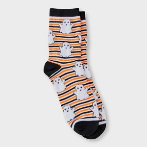 Women's Striped Fuzzy Ghost Halloween Crew Socks - Hyde and EEK! Boutique™ Black/White/Orange 4 -10 - 1 of 3