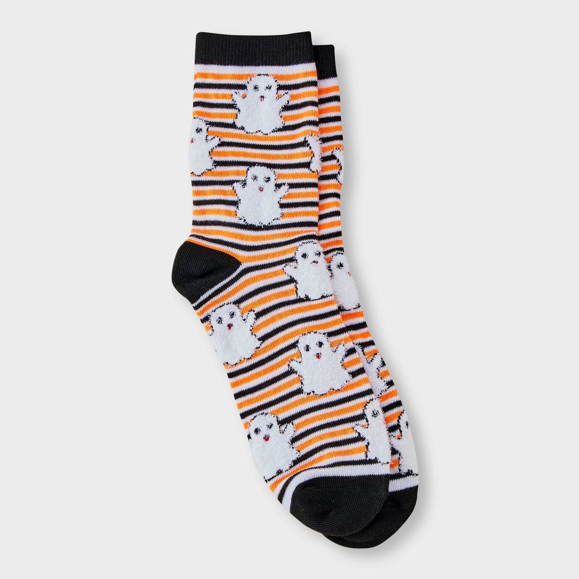 Women's Striped Fuzzy Ghost Halloween Crew Socks - Hyde and EEK! Boutique™ Black/White/Orange 4 -10