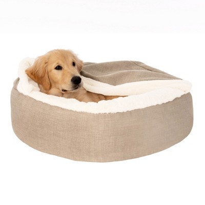 FurHaven Plush & Performance Linen Hooded Donut Pet Bed for Dogs & Cats