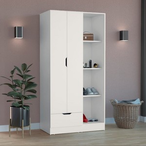 Armoire 71"H with 1-Drawer and 4-Tier Open Shelves, 2 Doors, White - 1 of 4
