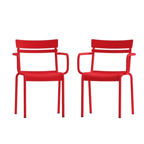 Flash Furniture Nash Commercial Grade Red Steel Indoor-Outdoor Stackable  Chair with 2 Slats and Arms, Set of 2