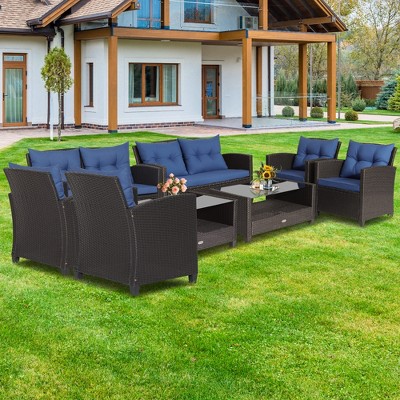 Costway 8 PCS Patio Rattan Furniture Set Glass Table Shelf Sofa Cushion Black/Red/Turquoise/Navy/Gray