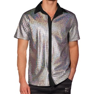 Lars Amadeus Men's Short Sleeves Button Down Shiny Metallic Party Disco Shirts - 1 of 4