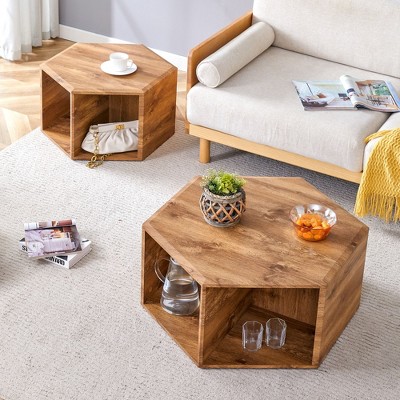 NicBex 31.5"/25" Hexagon MDF Coffee Table with Storage Shelves,Multi-Functional End Table & Side Table,Modern Center Table for Living Room
