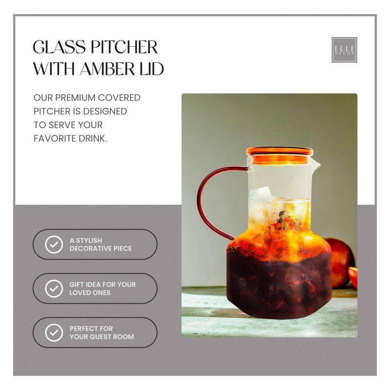 Elle Decor Glass Pitcher with Amber Lid, 48-Ounce Durable Borosilicate Glass Water Pitcher with Lid and Spout, 5 of 8