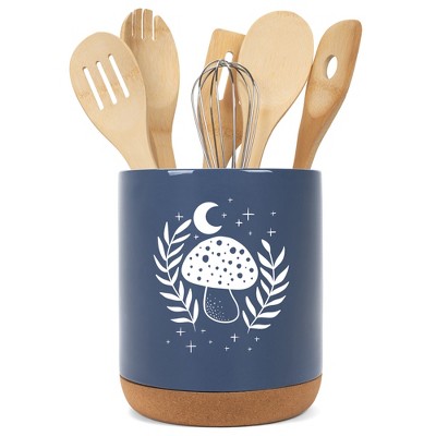 Elanze Designs 8 inch Moon Mushroom Leaf and Stars Large Ceramic Kitchen Utensil Holder Navy Blue and White Crock with Cork Base