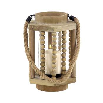 11" x 8" Rustic Wood/Glass Candle Holder with Rope Handle Beige - Olivia & May