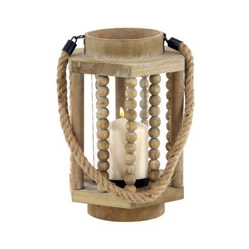 11 X 8 Rustic Wood/glass Candle Holder With Rope Handle Beige