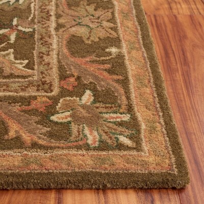 Olive and Gold 8' Square Handmade Wool Floral Area Rug