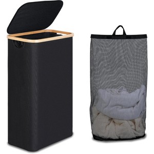 Laundry Basket with Lid, Narrow Laundry Hamper with Removable Bag, Skinny Dirty Clothes Basket with Bamboo Handles - 1 of 4