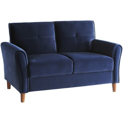 Dunleith Modern Contemporary Velvet Tufted Loveseat in Blue and Walnut - Lexicon