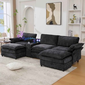 U-Shaped Modular Sectional Sofa with 2 Footstools, Sofa with Bluetooth and Charging Console, Chenille Sofa with Wood Frame-Coolbibila - 1 of 4
