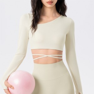 Clotth Women's Diagonal Neck Yoga Top - Long Sleeve Cap Thin String Tie Sport Top, Slimming Tight Fit Workout Top for Fitness - 1 of 4