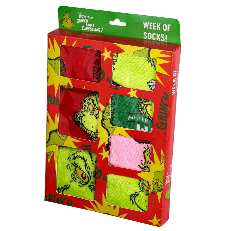 Dr Seuss Kids How The Grinch Stole Christmas Week Of Socks Mix and Match 7 Pairs Multicoloured, 2 of 5