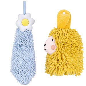 REGALWOVEN Soft Absorbent Flower Pattern and Sheep Pattern Chenille Hand Towel with Loop 6" x 15"/7" x 11" 2 Pcs - 1 of 4