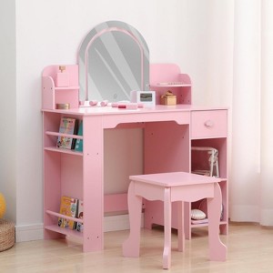 Kids Vanity with Lighted Mirror & Stool, Little Girls Vanity and Wooden Makeup Playset with Adjustable LED Light, for Girls 3-9 - 1 of 4