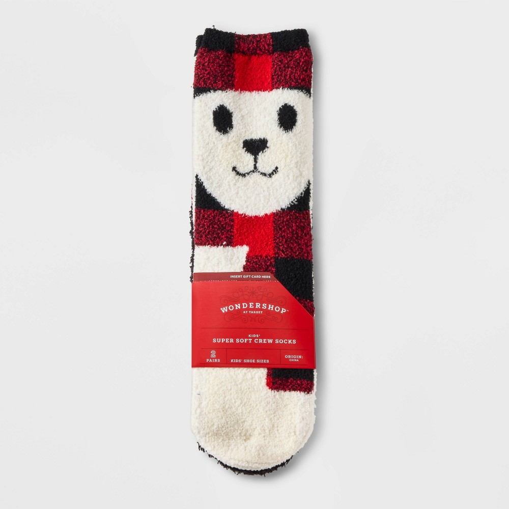 Kids' Buffalo Check Plaid Bear 2pk Cozy Crew Socks with Gift Card Holder - Wondershop White/Red/Black XS/S