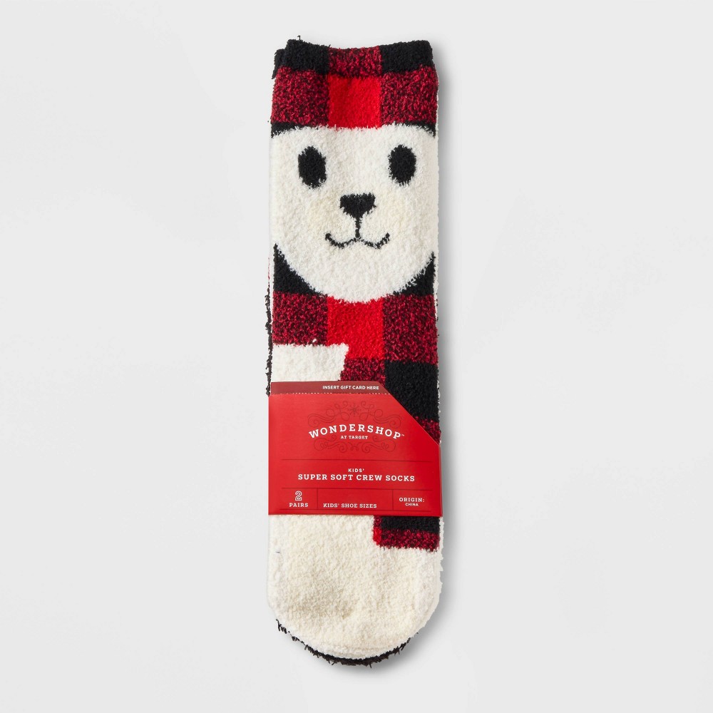 Kids' Buffalo Check Plaid Bear 2pk Cozy Crew Socks with Gift Card Holder - Wondershop White/Red/Black M/L