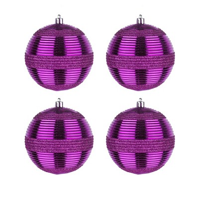 Purple Glitter Ribbed Shatterproof Ball Ornaments, Set of 4