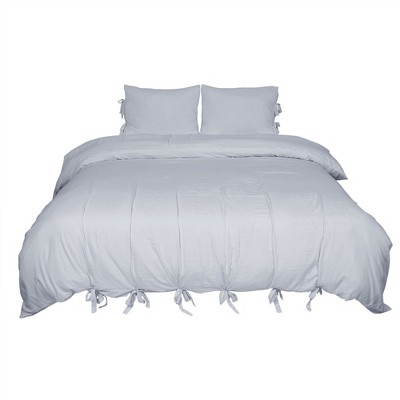 3 Pcs Washed Cotton Solid with Bowknot Closure Design Bedding Sets King Light Gray - PiccoCasa