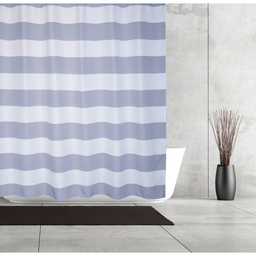 Photos - Shower Curtain Queen Striped Waffle Linen Look  Blue - Moda at Home