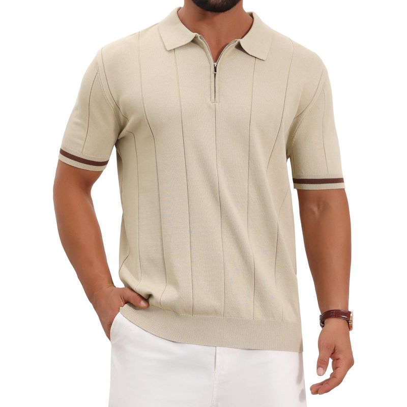INSPIRE CHIC Men's Zip Up Ribbed Hem Short Sleeve Golf Textured Polo Shirts Small Beige