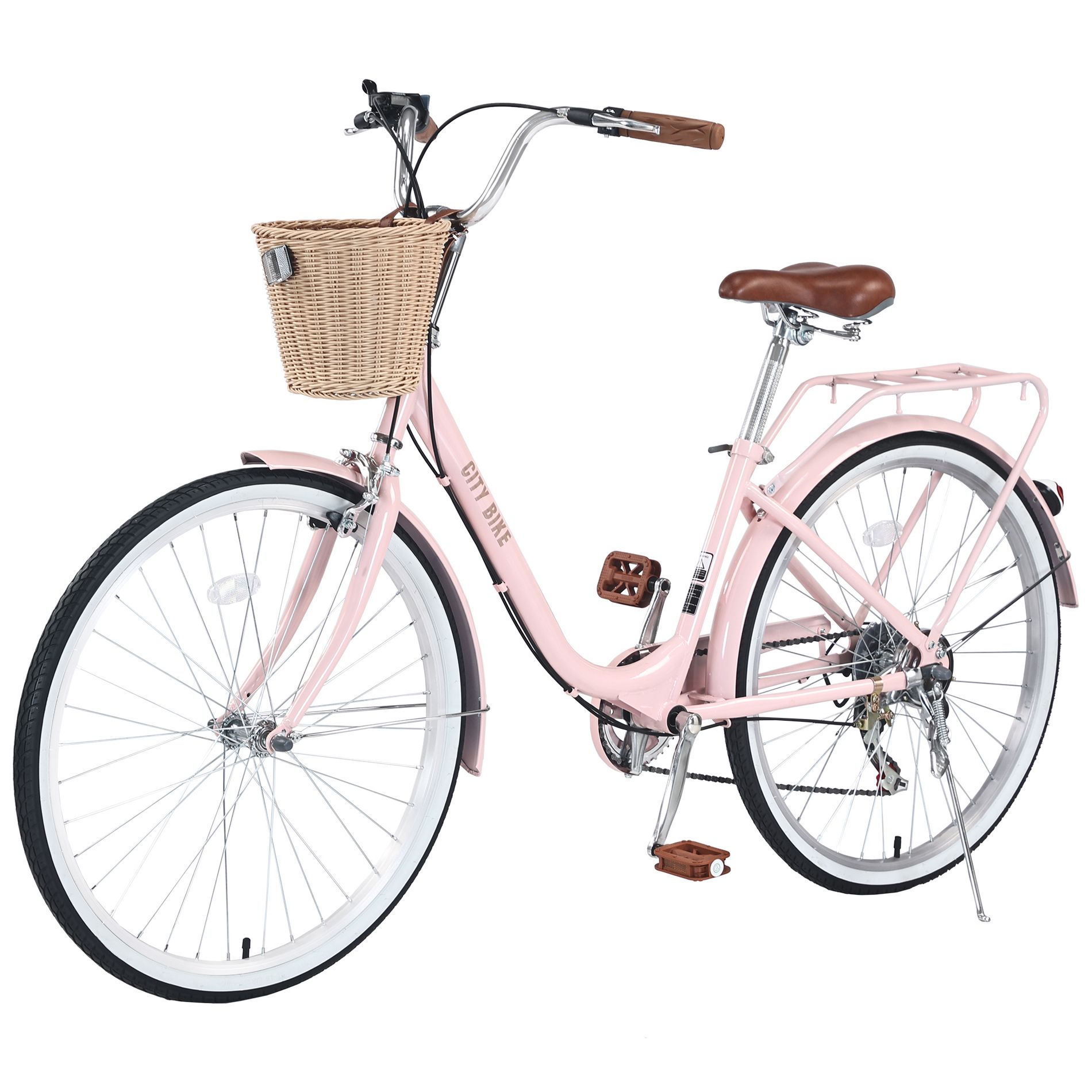 KTMBDW 26 Inch Beach Cruiser Bike for Women, 7-Speed Ladies Bike with Basket & Rack, Perfect for City Commuting's Bicycle, Ideal for Women, Pink