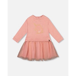 Deux par Deux Girl Bi-Material Dress Dusty Pink with Mesh Skirt and Unicorn - 1 of 4