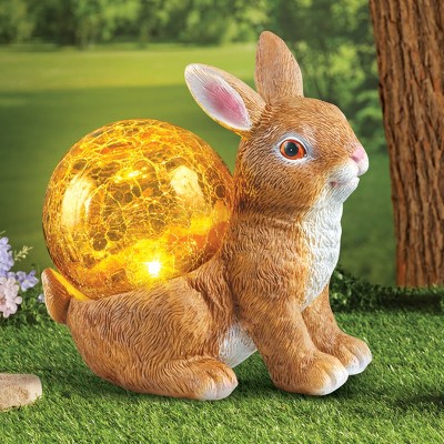 Hand-Painted Solar Powered Realistic Bunny Garden Statue with Crackled Glass Ball
