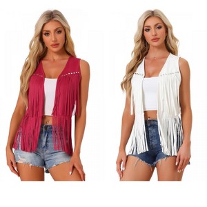INSPIRE CHIC Women's 70s Western Open Front Faux Suede Fringe Vest 2 Packs - 1 of 4