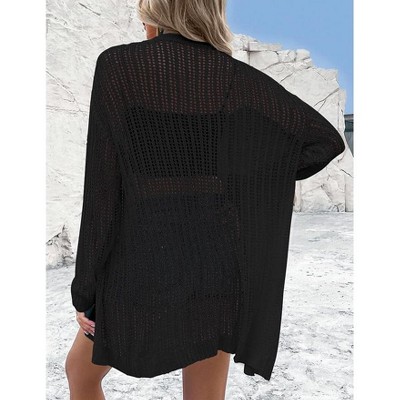Womens Summer Lightweight Cardigan Long Sleeve Open Front Loose Beach Crochet Cover Up