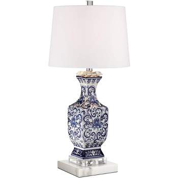 Barnes and Ivy Asian-Inspired Table Lamp 28" Tall with Square White Marble Riser Blue White Drum Shade for Bedroom Living Room Nightstand