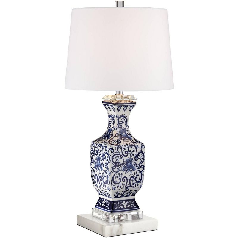 Barnes and Ivy Asian-Inspired Table Lamp 28" Tall with Square White Marble Riser Blue White Drum Shade for Bedroom Living Room Nightstand, 1 of 8