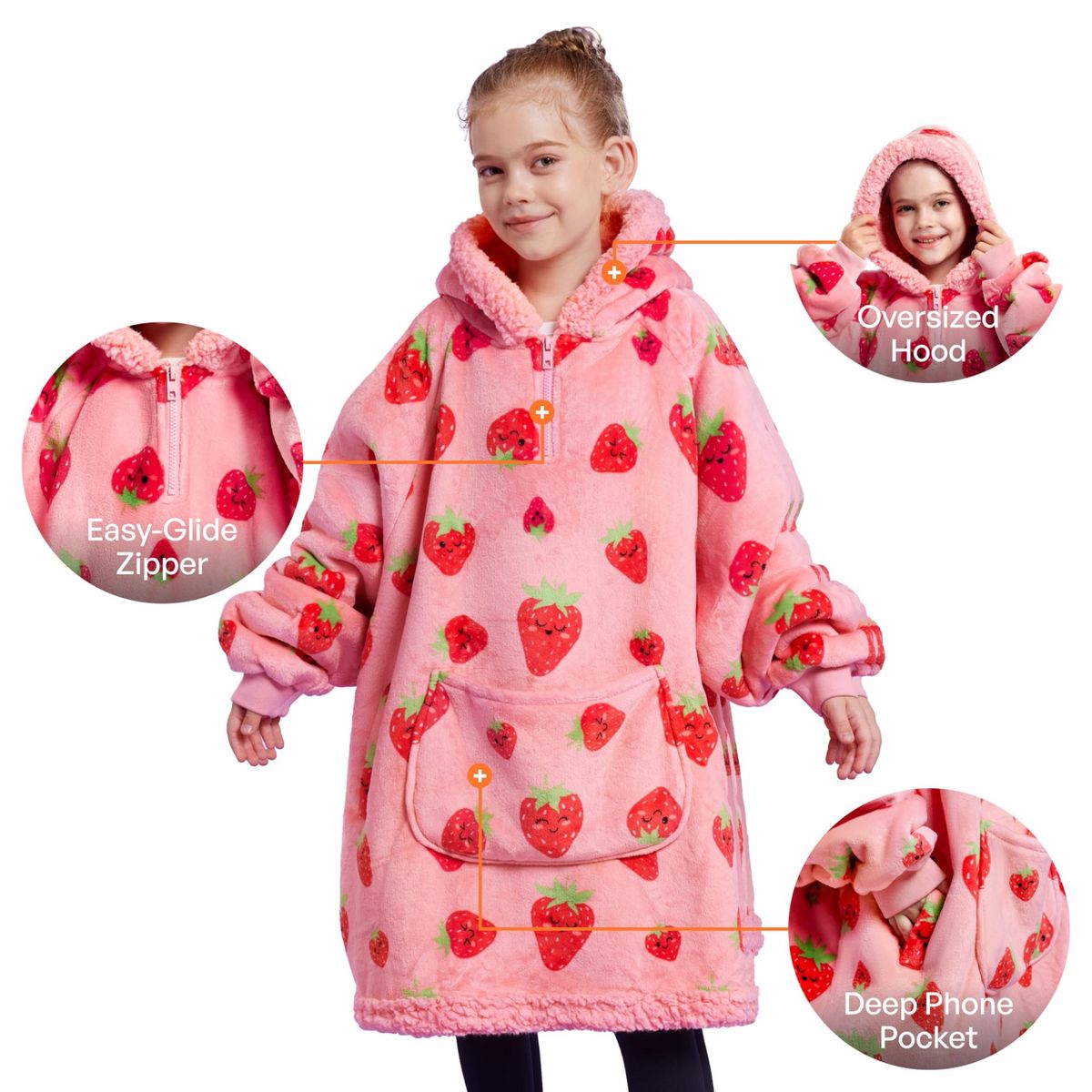Joyfy Strawberry Cow Wearable Blanket Hoodie, Oversized Soft Fleece Hooded Blanket, Cozy Sweatshirt Gifts with Giant Pocket and Sleeves for Kids Girls - thumbnail 3