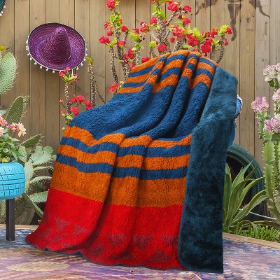 Southwestern Striped Reversible Sherpa Fleece Throw Blanket, 50 x 60 inches