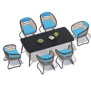 Crestlive Products 7pc Outdoor Dining set 71in Patio Rectangle Table with Rattan Dining Chairs Aluminum Frame Wood-Like Tabletop Umbrella Hole - 1 of 4