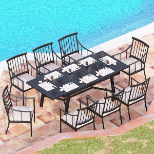 Captiva Designs 9pc Patio Slat-top Adjustable Steel Rectangle Table & Stylish Arm Chairs with Cushions - 1 of 4