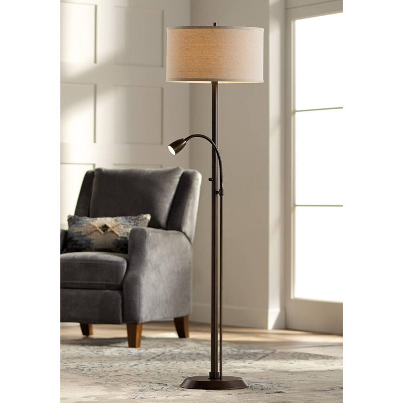 Possini Euro Design Traverse Modern Floor Lamp with LED Gooseneck Reading Light 64" Tall Oil Rubbed Bronze Oatmeal Drum Shade for Living Room Bedroom, 2 of 10