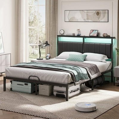 Bestier Queen Bed Frame with Upholstered Headboard Mattress Slide Stopper |  Platform Bedframe with LED Lights, Sturdy Metal Legs Black