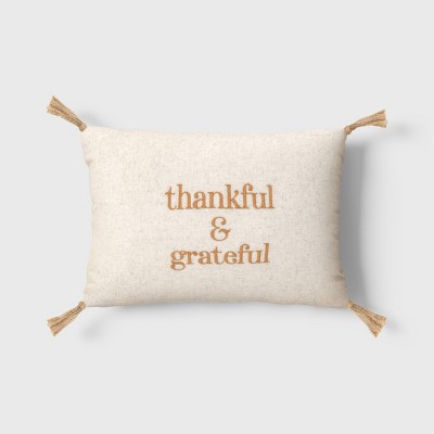 'Thankful & Grateful' Embroidered Lumbar Throw Pillow Cream/Brown - Threshold™