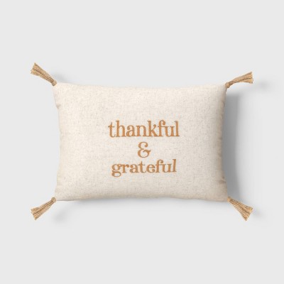 Photo 1 of &#39;Thankful &#38; Grateful&#39; Embroidered Lumbar Throw Pillow Cream/Brown - Threshold&#8482;