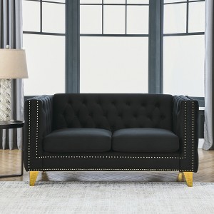 Velvet Buttons Tufted Square Arm 2-Seater Sofa with Metal Legs and Copper Nailhead Trim for Living Room, Bedroom - 1 of 4