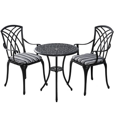 Kinger Home 3-Piece Outdoor Bistro Table and Chairs Set of 2, Bistro Table with Umbrella Hole, Cast Aluminum Patio Furniture, Cushions Included, Black