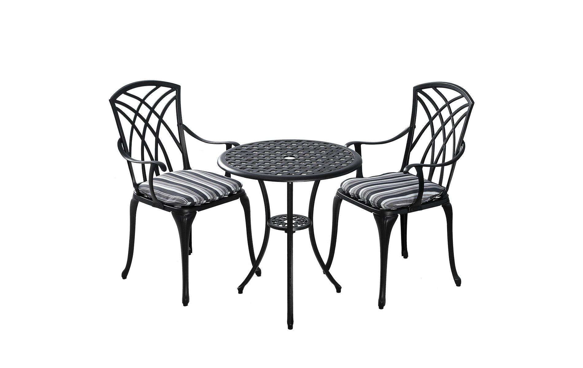 Kinger Home 3-Piece Outdoor Bistro Table and Chairs Set of 2, Bistro Table with Umbrella Hole, Cast Aluminum Patio Furniture, Cushions Included, Black