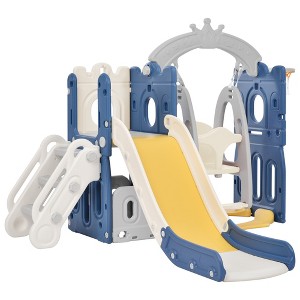 5-in-1 Kids Slide Swing Set, Baby Slide for Toddlers Age 1-3, Climber Slide Playset with Basketball Hoop Indoor Outdoor Playground Freestanding Slide - 1 of 4