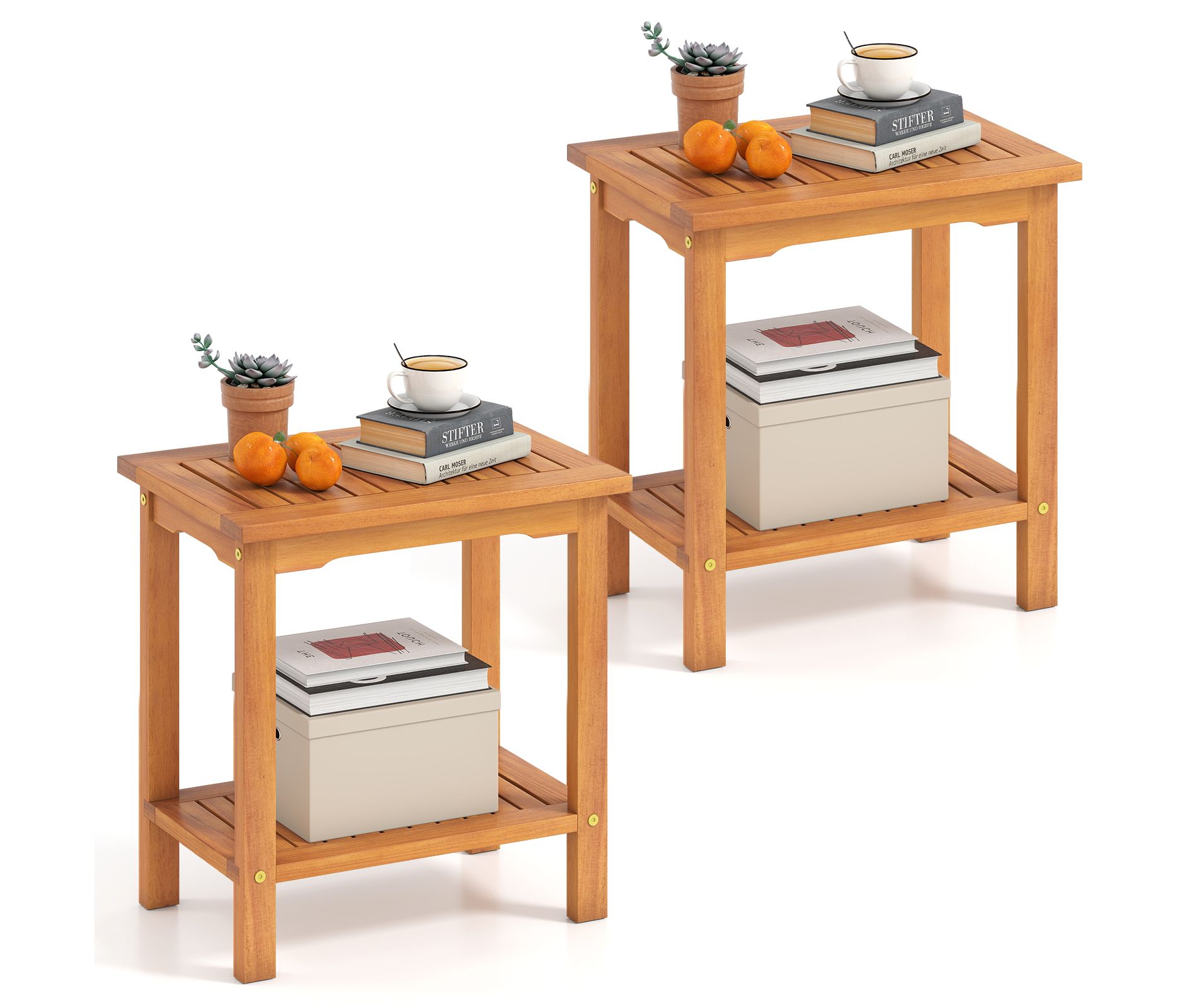 Tangkula 2PCS Outdoor Acacia Wood Side Table 2-Tier Patio End Table w/ Slatted Tabletop