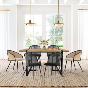7-piece Rectangle Dining Table Set with 4 Mesh Rattan Armless Dining Chair and 2 Captain's Chair, Dining Set for 6 Person - Maison Boucle - 1 of 4