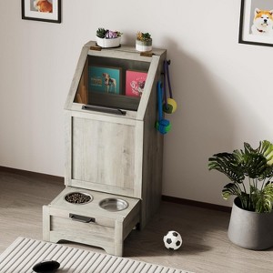Flip Top Dog Food Storage Container, Wood Pet Storage Cabinet with 2 Pull-Out Elevated Dog Bowls - 1 of 4