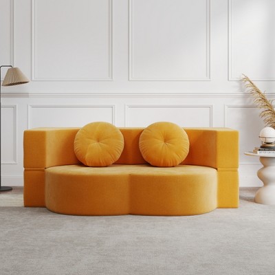 VAISP Modern Floor Sofa Bed with 2 Pillows, Convertible Corduroy Sleeper Sofa with Full Size Mattress, No Assembly,Light Blue